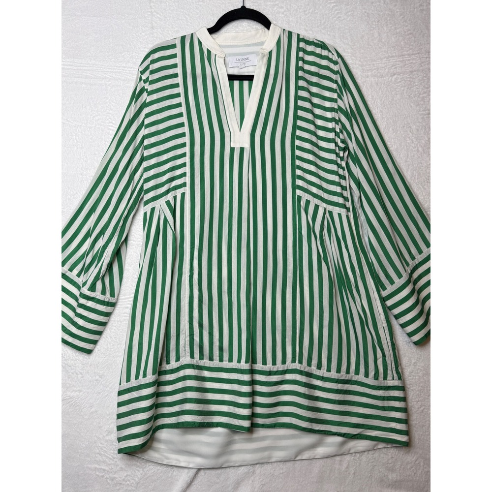 La Ligne Green White Striped Tunic Top Split V-Neck Long Sleeve XS